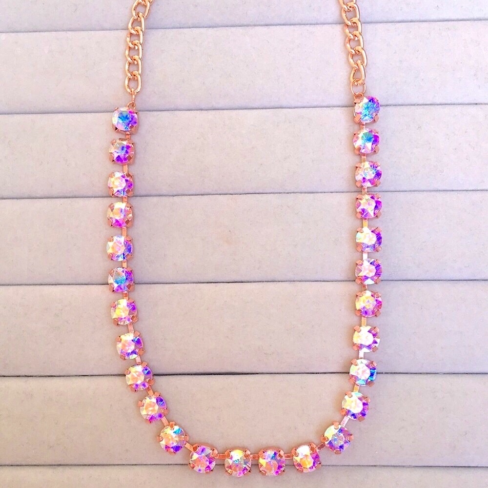 Aurora Borealis + Rose Gold Crystal Tennis Statement Necklace